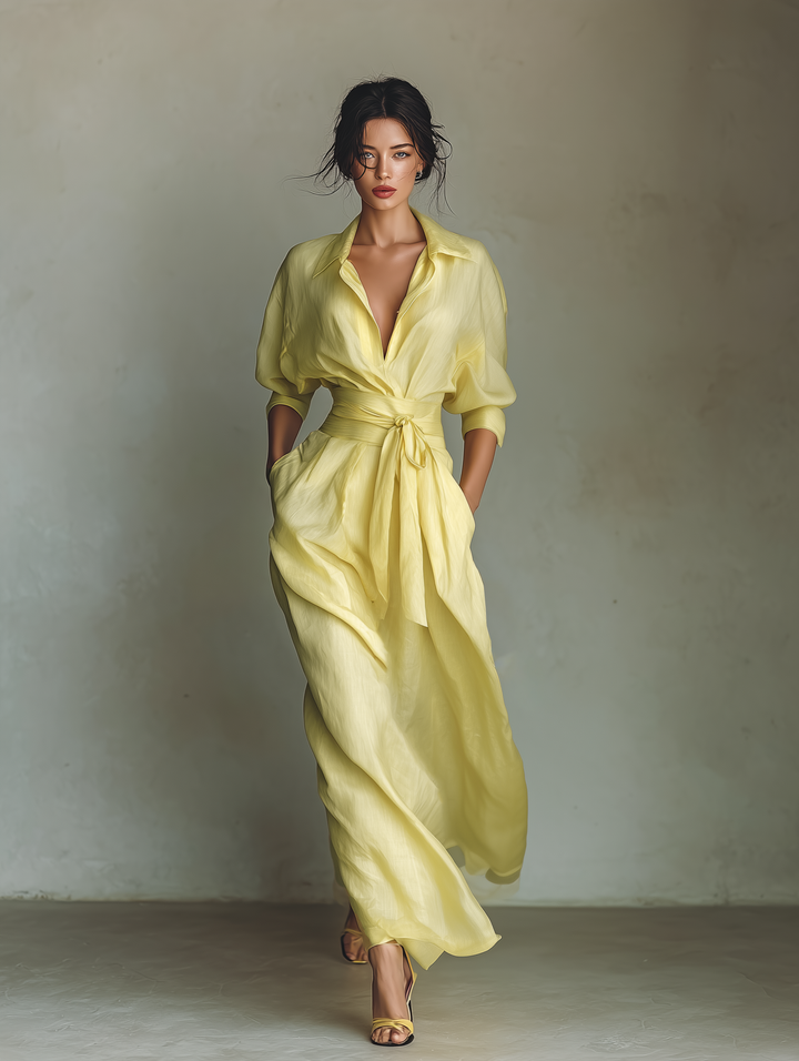 Robe Chemise Maxi Femme Jaune Citron En Coton Et Lin Avec Ceinture À Nouer & Manches Trois Quarts