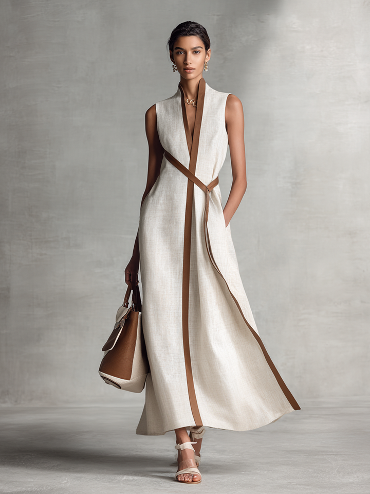 Robe Maxi en Coton et Lin Sans Manches avec Décolleté en V et Ceinture à Nouer pour Femmes