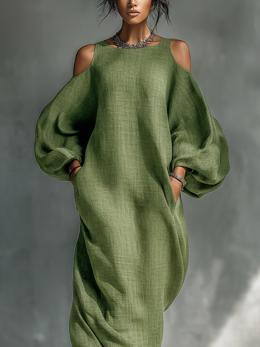 Robe maxi femme vert clair avec épaules dénudées, manches bouffantes oversize et poches latérales