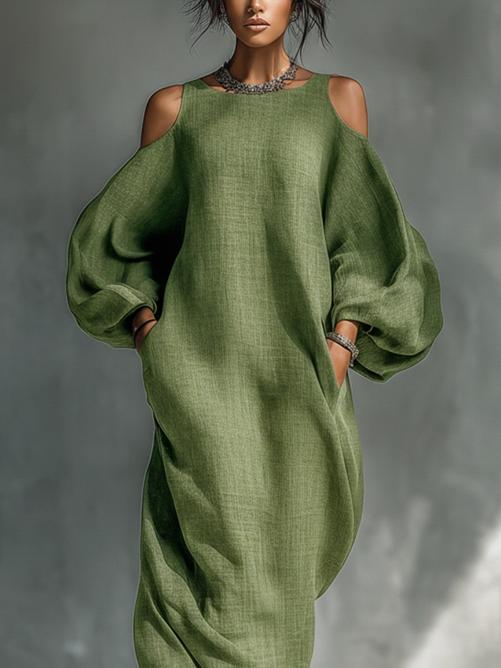 Robe maxi femme vert clair avec épaules dénudées, manches bouffantes oversize et poches latérales