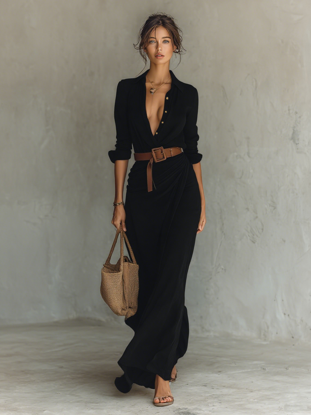ESSENTIEL - Robe Maxi Longue avec Col Revers et Manches Longues pour Femmes