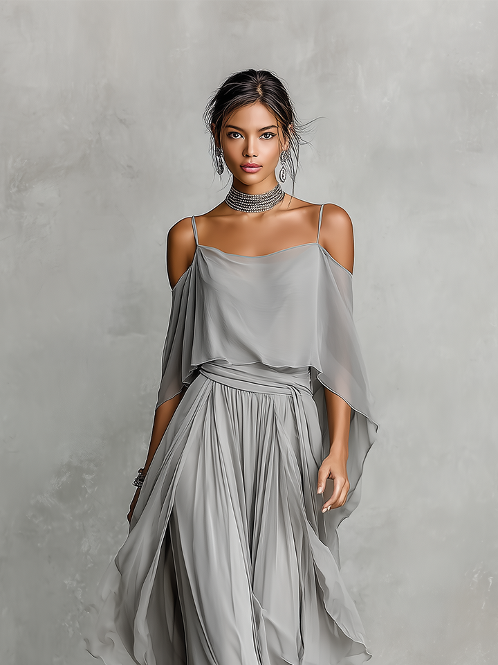 Ensemble Chiffon Respirant Gris Femme Avec Détail Épaules Nues & Silhouette Évasée, Style Contemporain Luxe-Féminin
