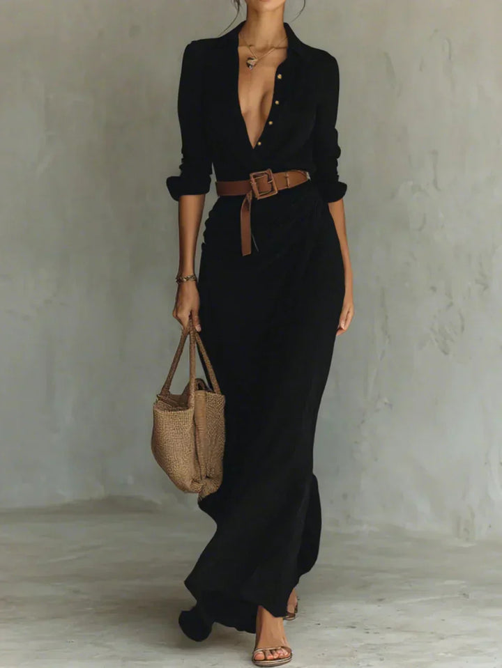 Camille™ | Robe maxi avec pinces et ceinture à la taille