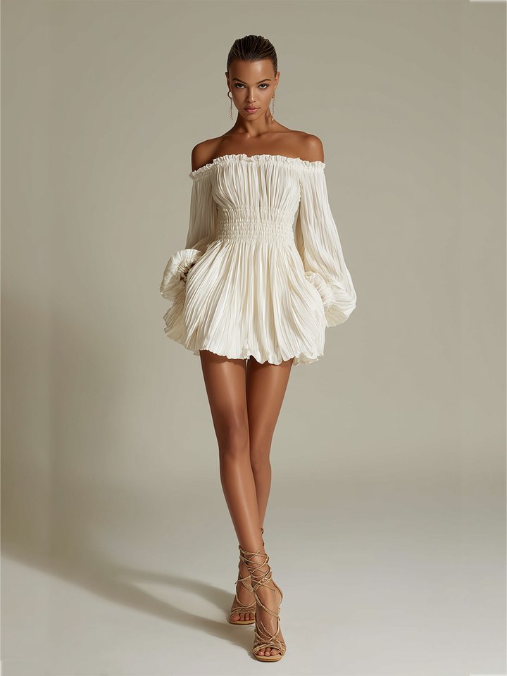 Robe Plissée Ivoire Pour Femme Avec Encolure Bardot & Taille Froncée, Robe Élégante Sexy Intemporelle