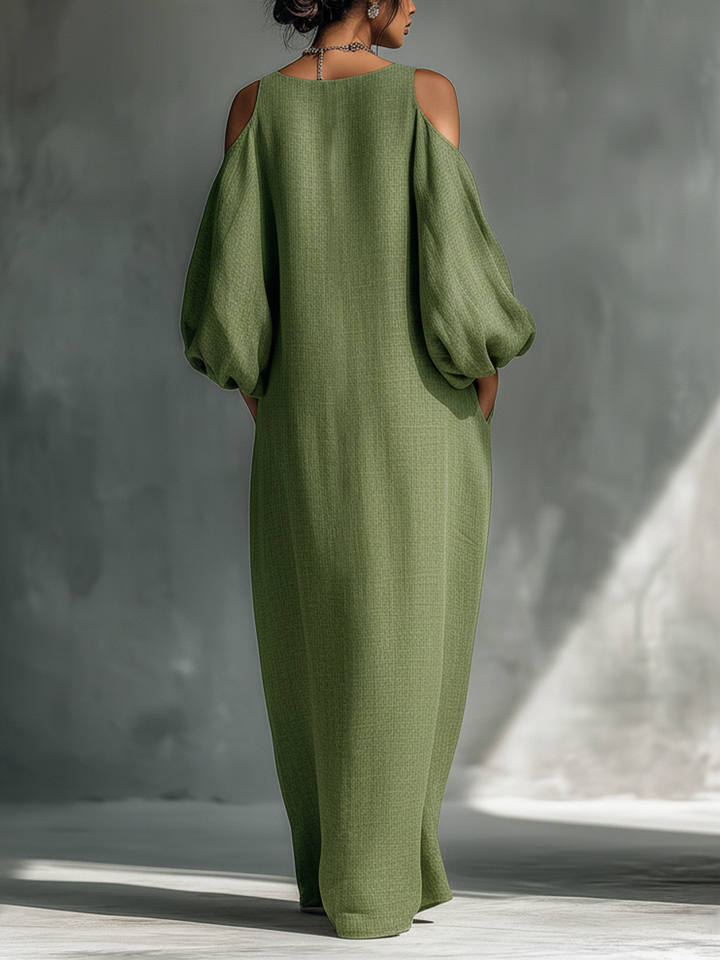 Robe maxi femme vert clair à épaules dénudées avec manches bouffantes surdimensionnées et poches latérales