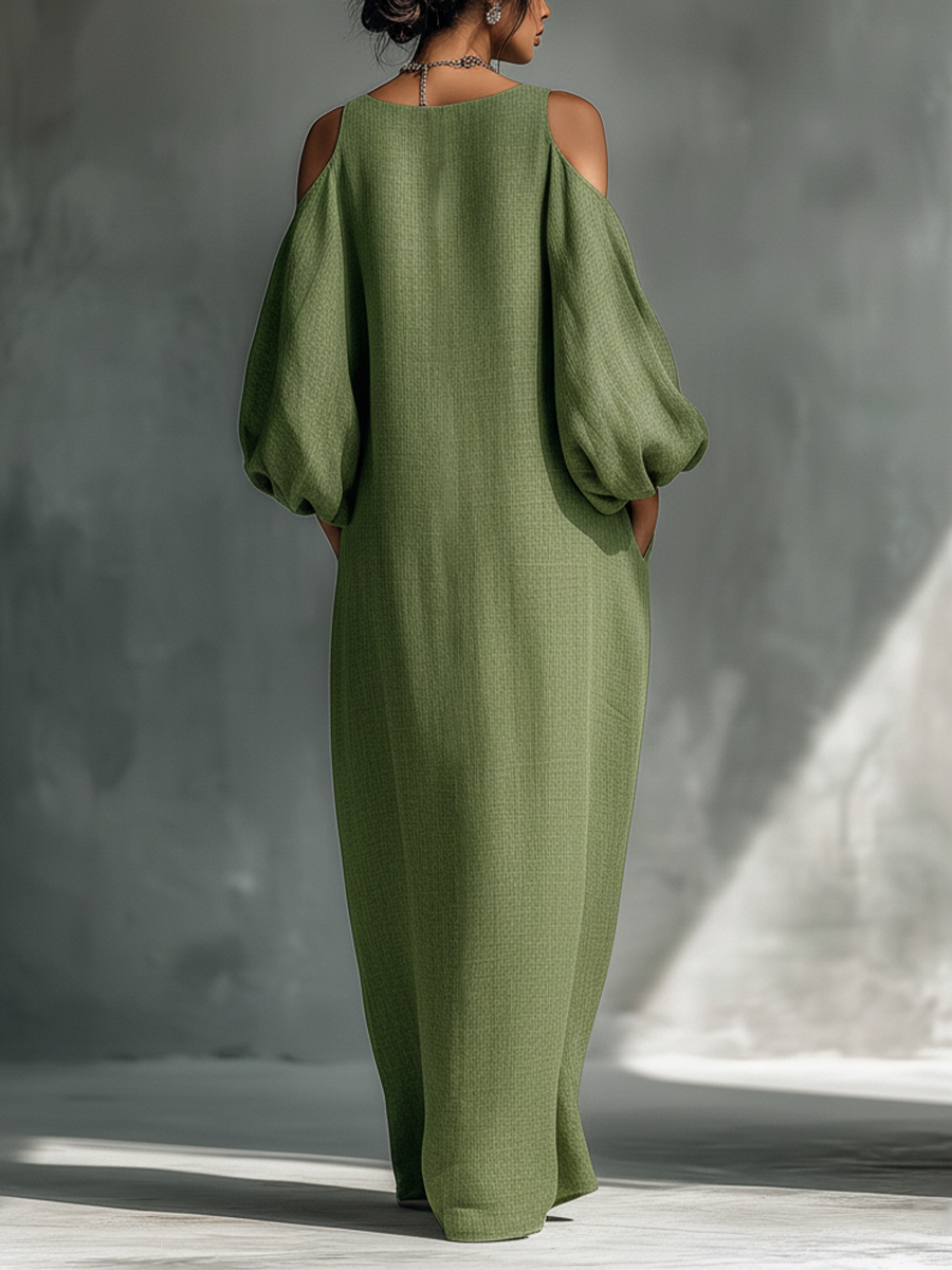 Robe maxi femme vert clair avec épaules dénudées, manches bouffantes oversize et poches latérales