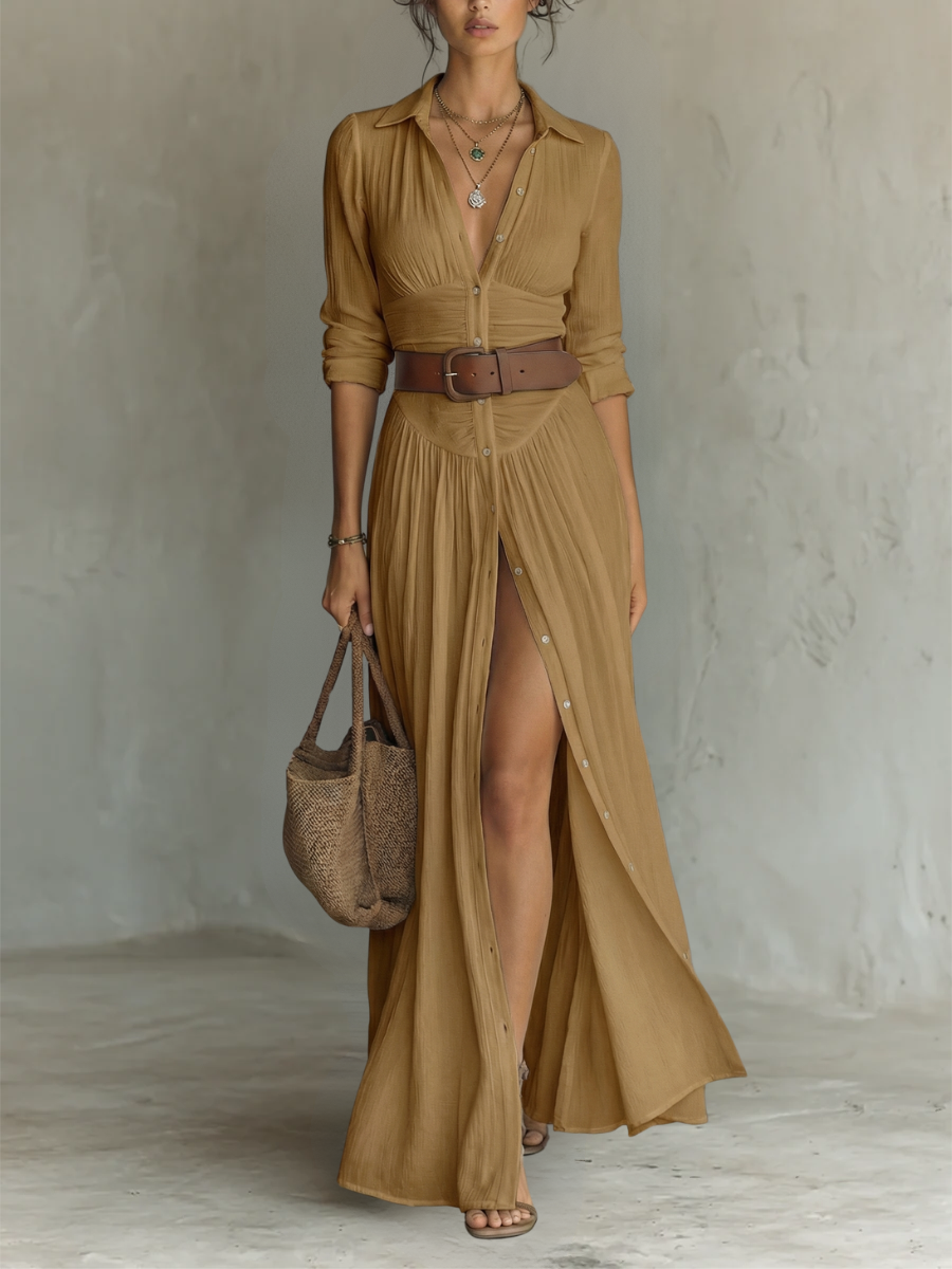 Robe longue femme avec col à revers et manches longues en lin