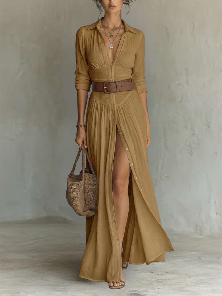 Robe longue femme avec col à revers et manches longues en lin