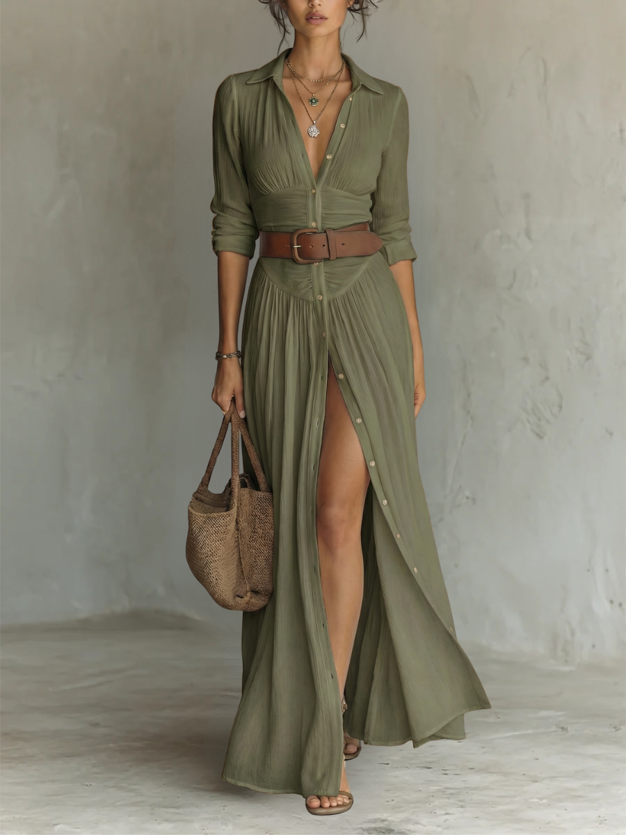 Robe longue femme avec col à revers et manches longues en lin