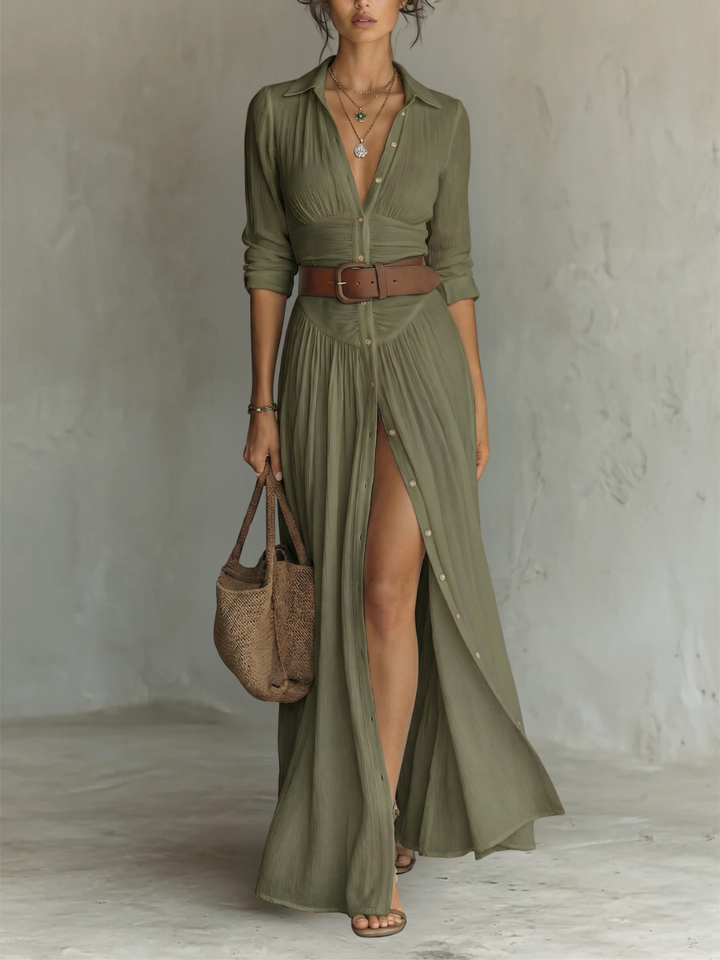 Robe longue femme avec col à revers et manches longues en lin