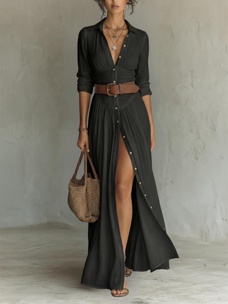 ESSENTIEL - Robe Maxi Longue avec Col Noté et Manches Longues pour Femmes