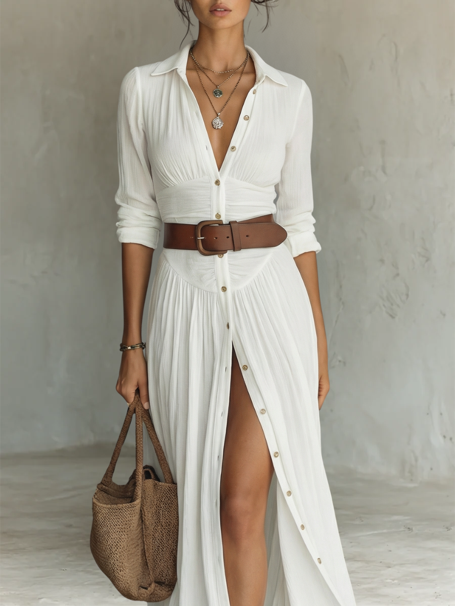 Robe Maxi avec Col Revers et Manches Longues