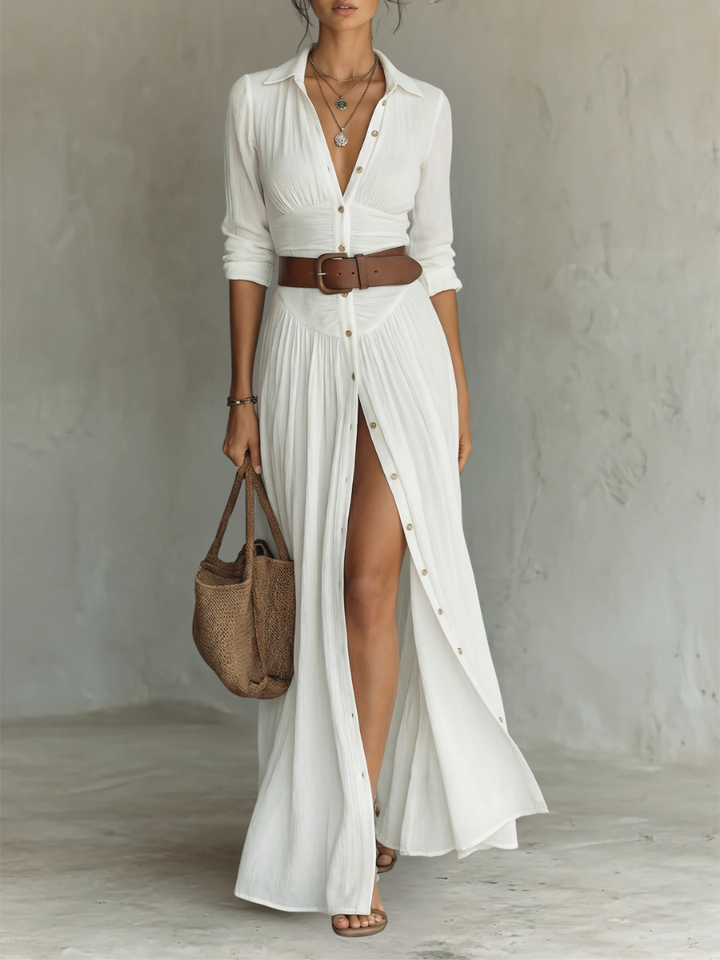 Robe Maxi avec Col Revers et Manches Longues