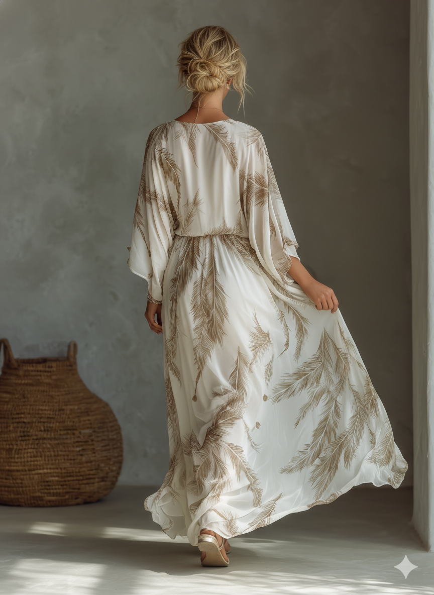 Robe Maxi en Chiffon Ivoire et Taupe avec Manches Dolman et Devant Entrelacé avec Imprimé Feuille de Palmier