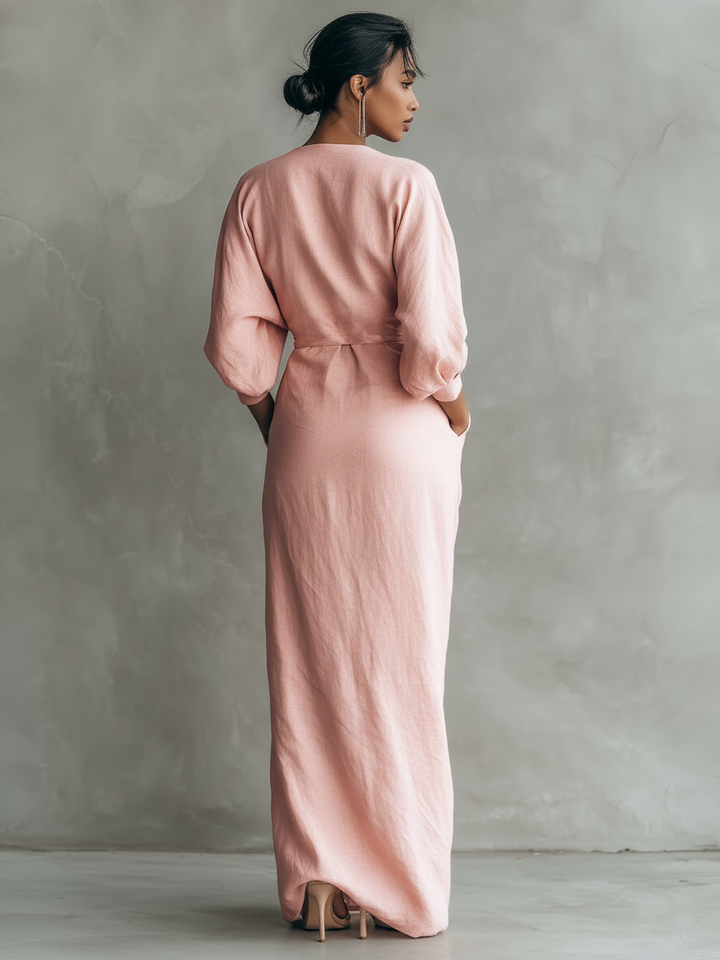 Robe Maxi Minimaliste V-neck en Mélange de Lin Rose pour Femmes