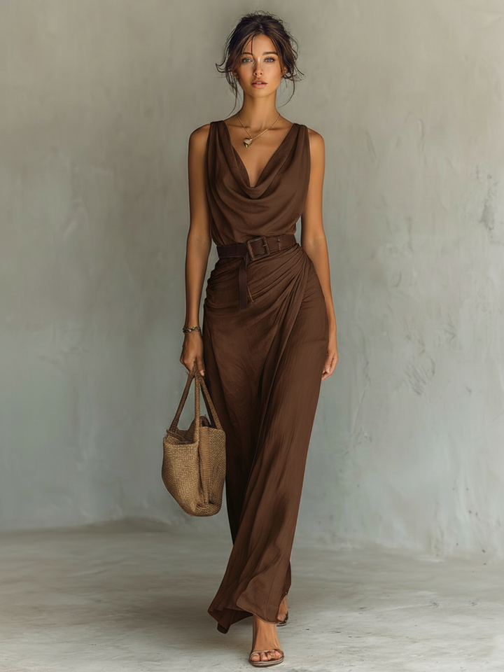 Robe maxi sans manches à col drapé minimaliste pour femmes