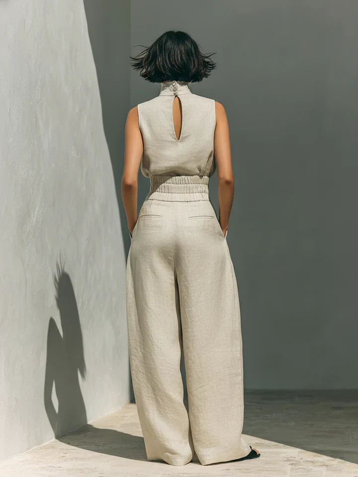 Amélie™ | Ensemble minimaliste de blouse sans manches et pantalon à jambes larges en coton et lin pour femme
