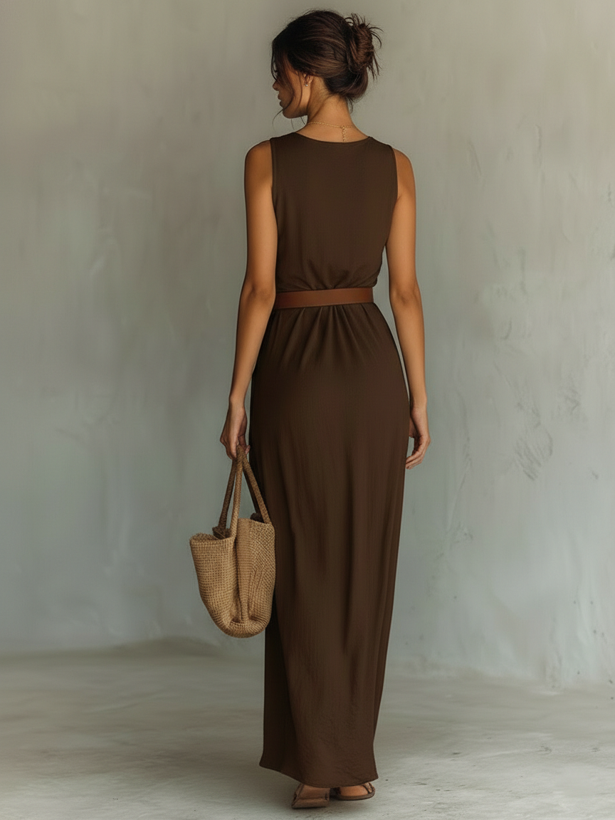 Robe maxi sans manches à col drapé minimaliste pour femmes