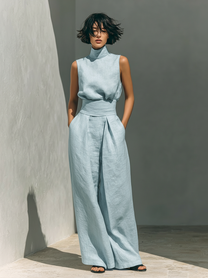 Maria - Ensemble débardeur et pantalon large en coton et lin minimaliste pour femme