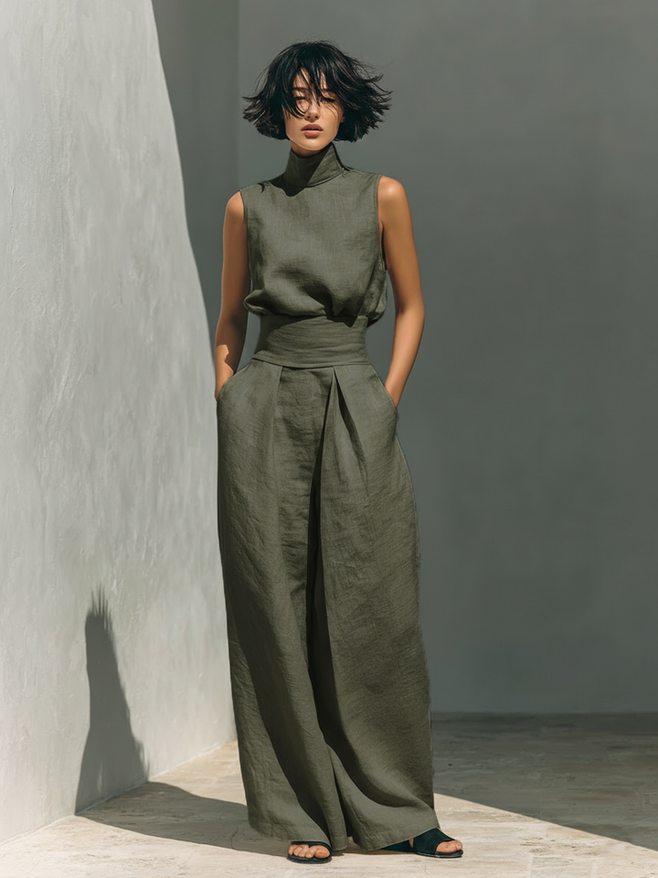 Lili – Ensemble minimaliste en coton et toile : débardeur et pantalon ample pour femmes