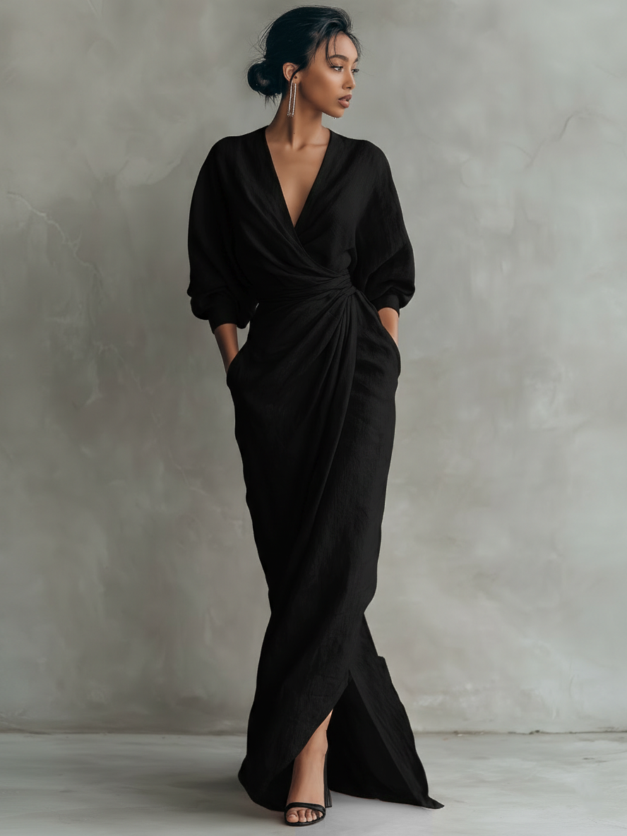 Robe Maxi Minimaliste V-neck en Mélange de Lin Rose pour Femmes