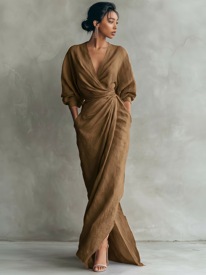 Robe Maxi Minimaliste V-neck en Mélange de Lin Rose pour Femmes