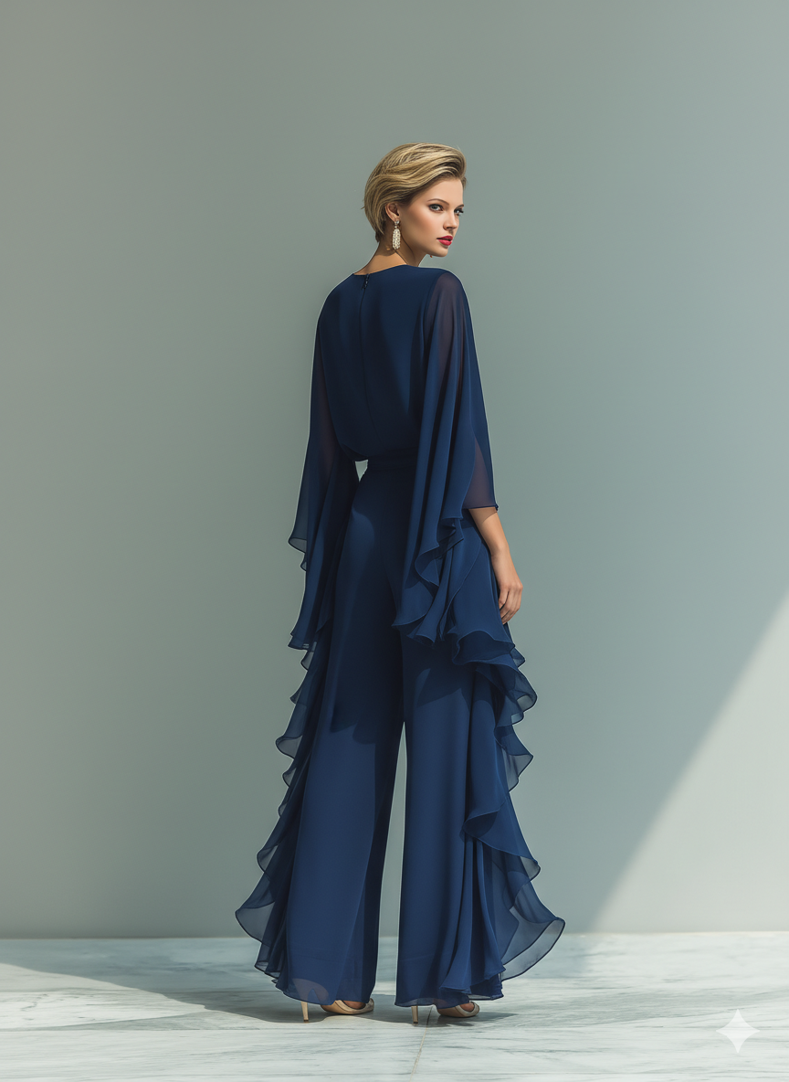 Ensemble Femme Top Chiffon Bleu Marine Avec Manches Évasées Et Pantalons Droits Avec Détails Volants