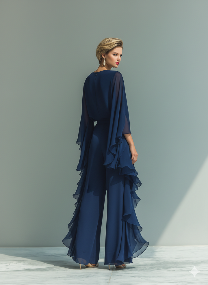 Ensemble Femme Top Chiffon Bleu Marine À Manches Évasées Et Pantalon Droit Avec Détails Volants