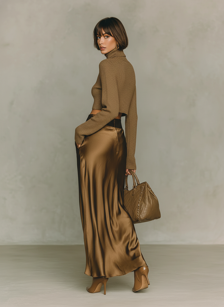 Pull à col haut doré-marron pour femmes, à manches longues, associé à une jupe midi en satin