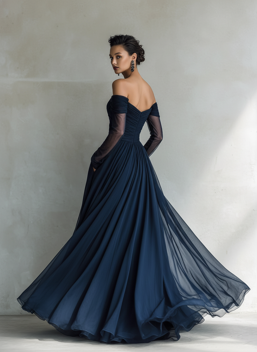 Robe Maxi Élégante en Chiffon Organza Bleu Foncé avec Manches Longues et Épaules Dégagées pour Femmes
