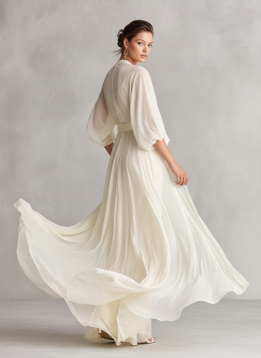 Robe en Chiffon Transparent Ivoire pour Femmes avec Manches Volumineuses et Détail Enveloppant, Robe de Style Romantique-Luxe Intemporelle