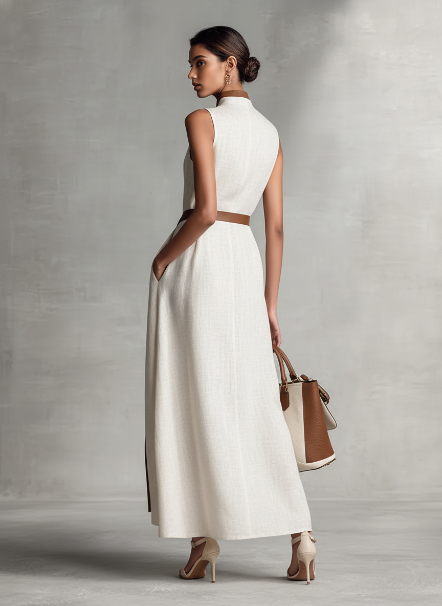 Robe Maxi en Coton et Lin Sans Manches avec Décolleté en V et Ceinture à Nouer pour Femmes