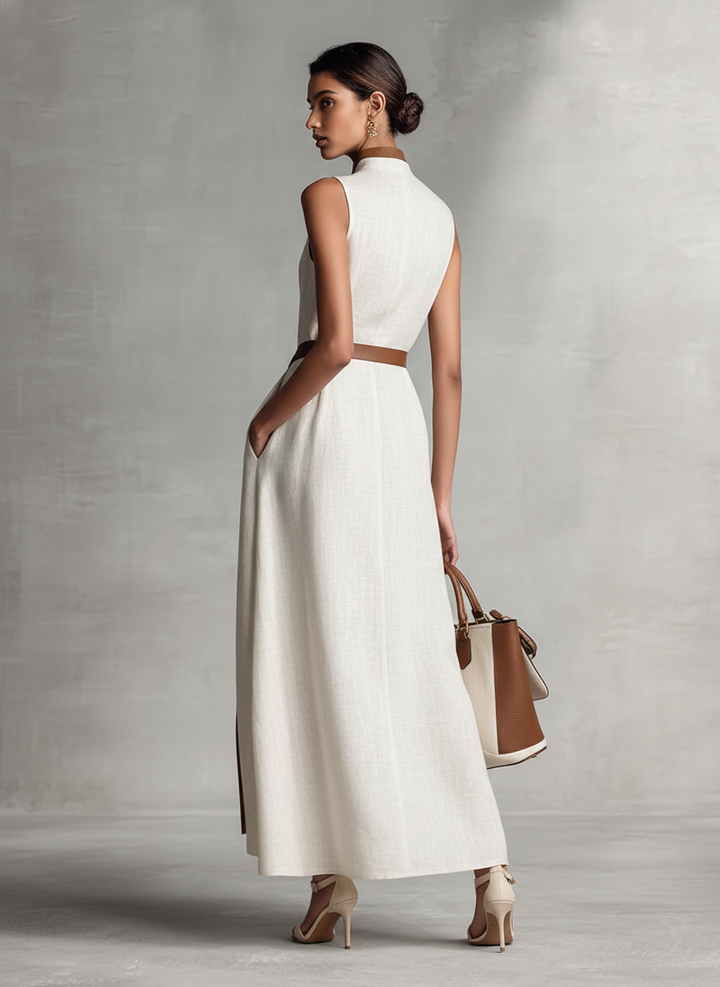Robe Maxi en Coton et Lin Sans Manches avec Décolleté en V et Ceinture à Nouer pour Femmes