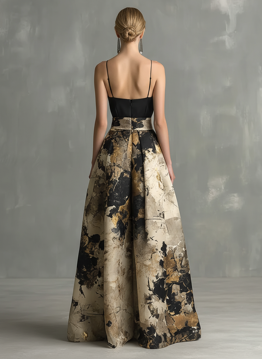 Robe Maxi Élégante Femme Noir et Beige Imprimé Abstrait Décolleté en V avec Bretelles