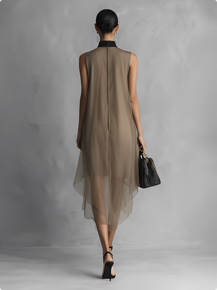 Robe sans manches en chiffon bicolore kaki et marron de luxe léger pour femmes