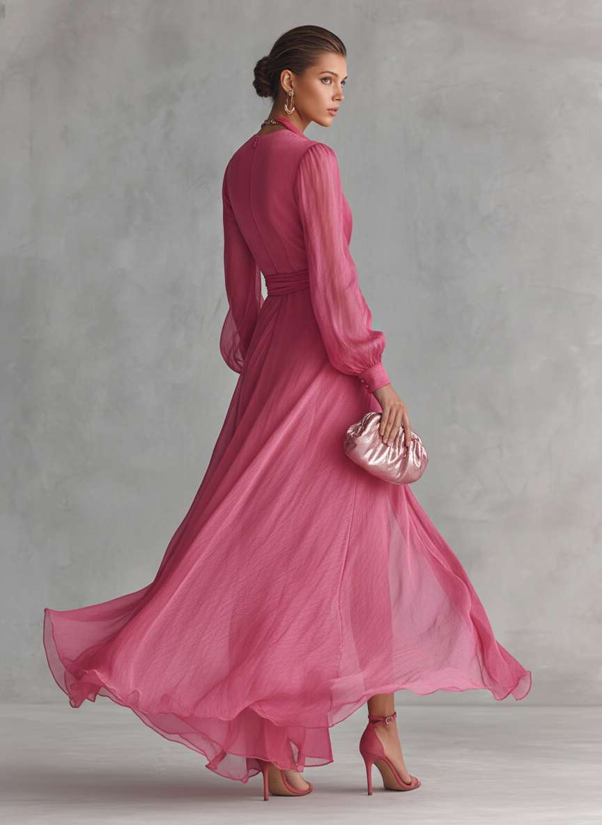 Robe Longue Élégante Femme en Chiffon Rose Poudré avec Perles, Décolleté en V et Taille Liée