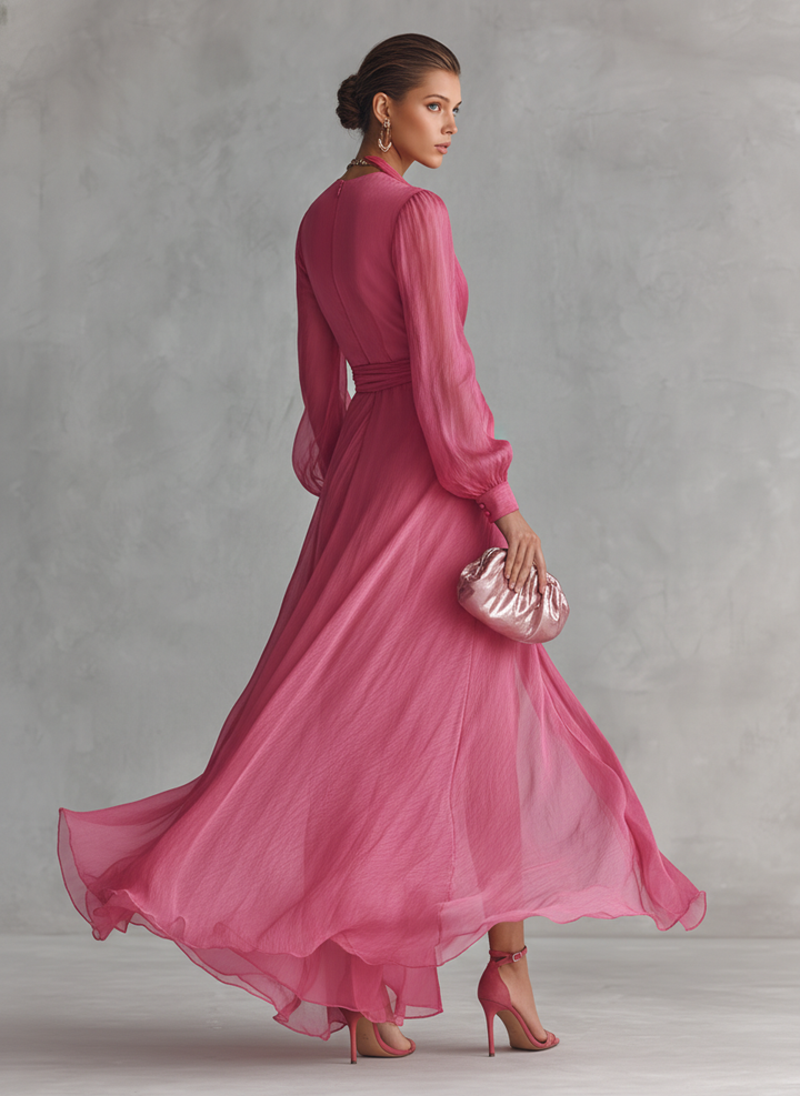 Robe Longue Élégante Femme en Chiffon Rose Poudré avec Perles, Décolleté en V et Taille Liée