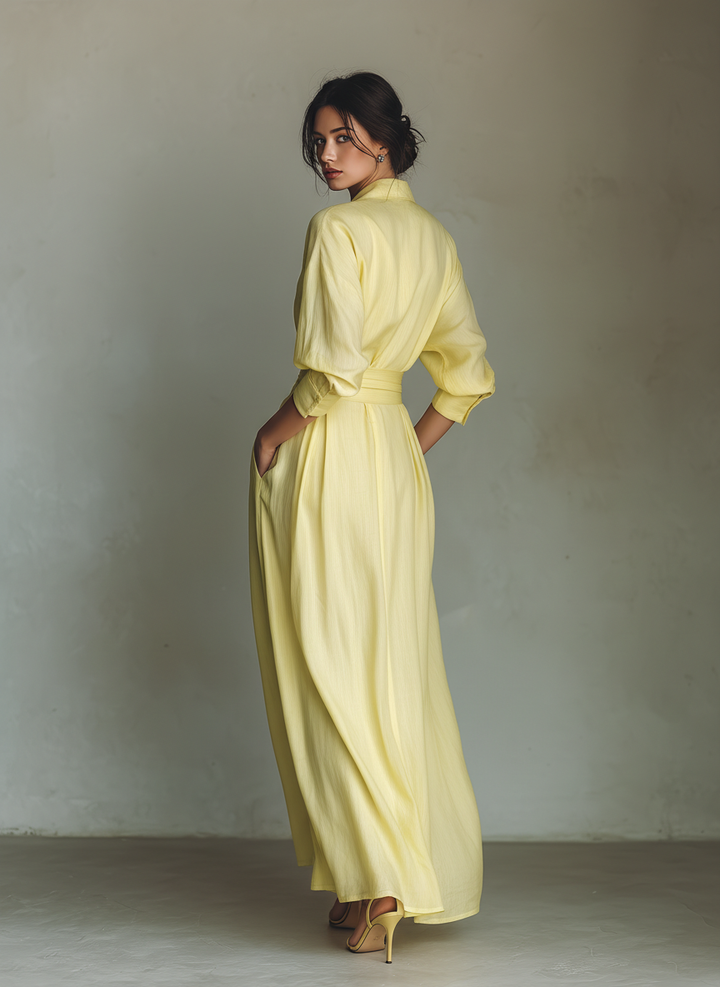 Robe Chemise Maxi Femme Jaune Citron En Coton Et Lin Avec Ceinture À Nouer & Manches Trois Quarts
