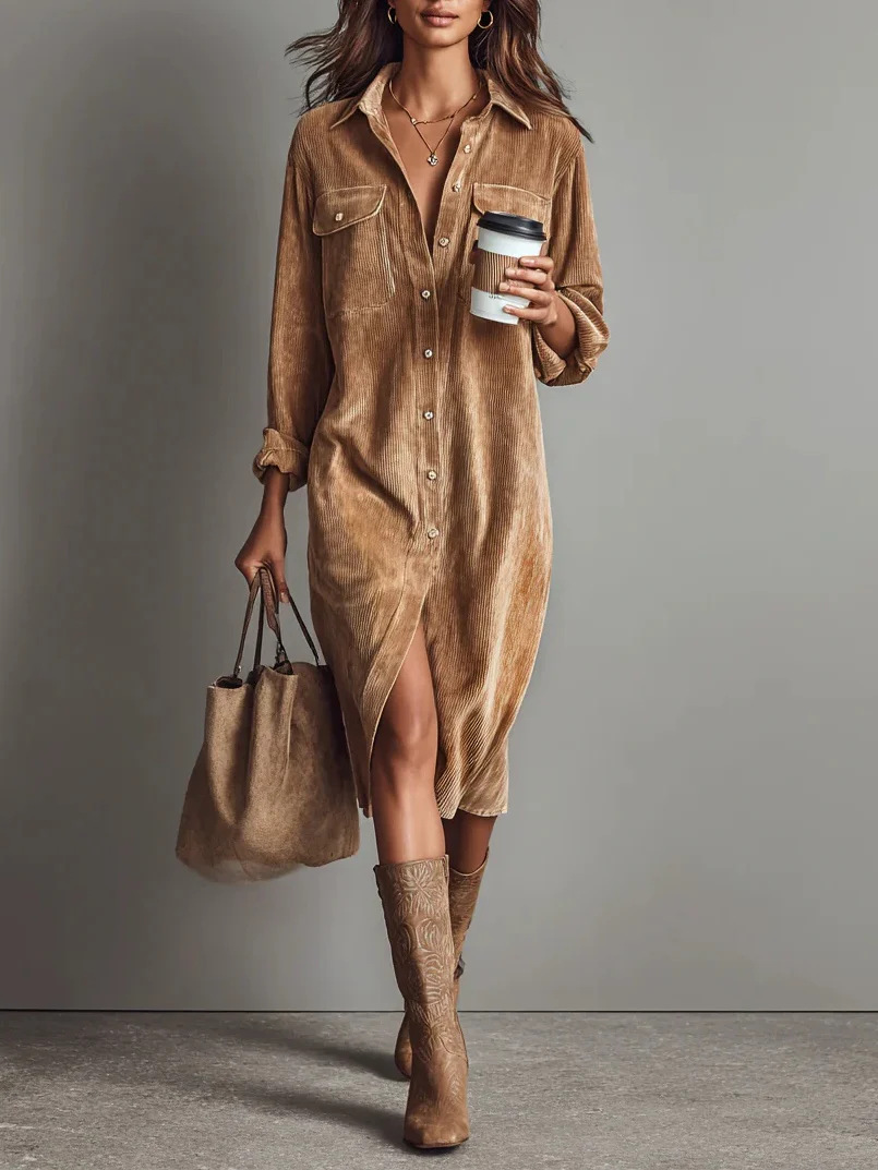 Robe à Poche Double en Velours Côtelé