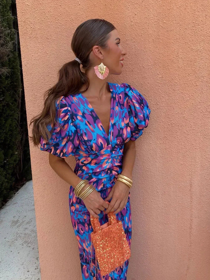 Loren - Robe Midi Vibrante avec Manches Bouffantes