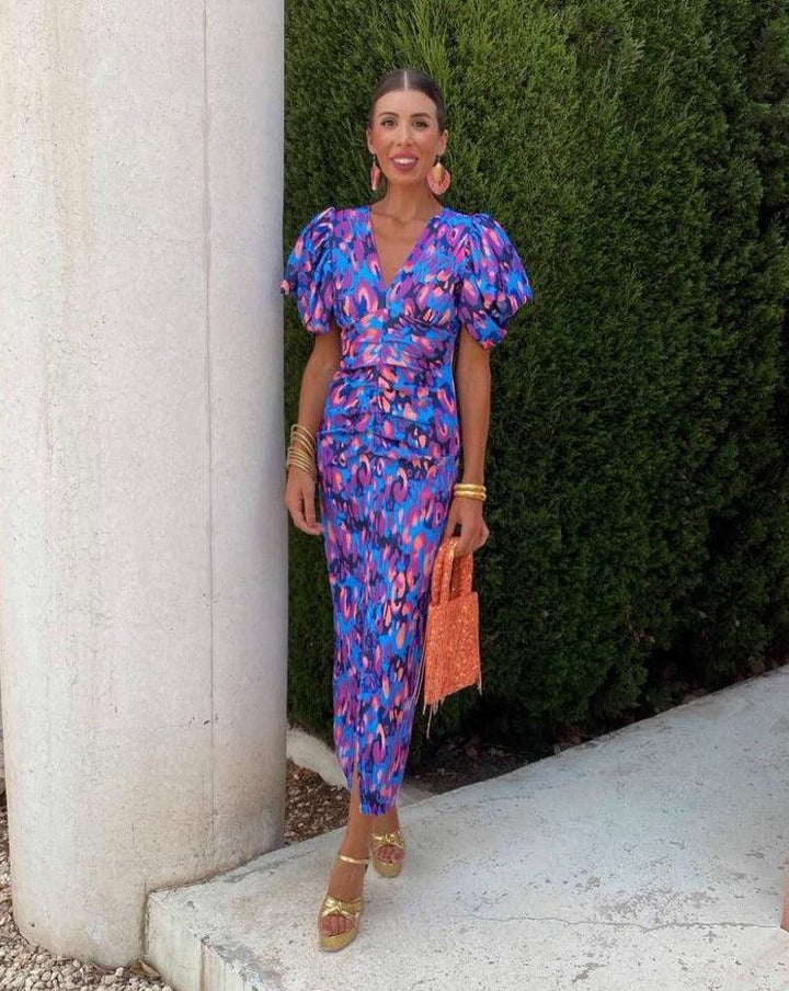 Loren - Robe Midi Vibrante avec Manches Bouffantes