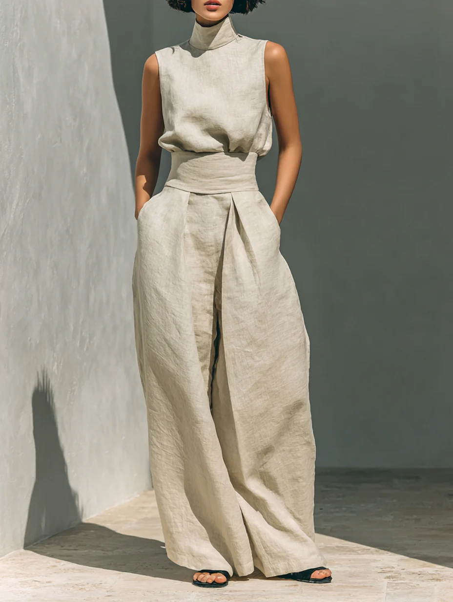 Aurora • Ensemble composé d'un top sans manches beige en mélange coton-lin et d'un pantalon à jambes larges