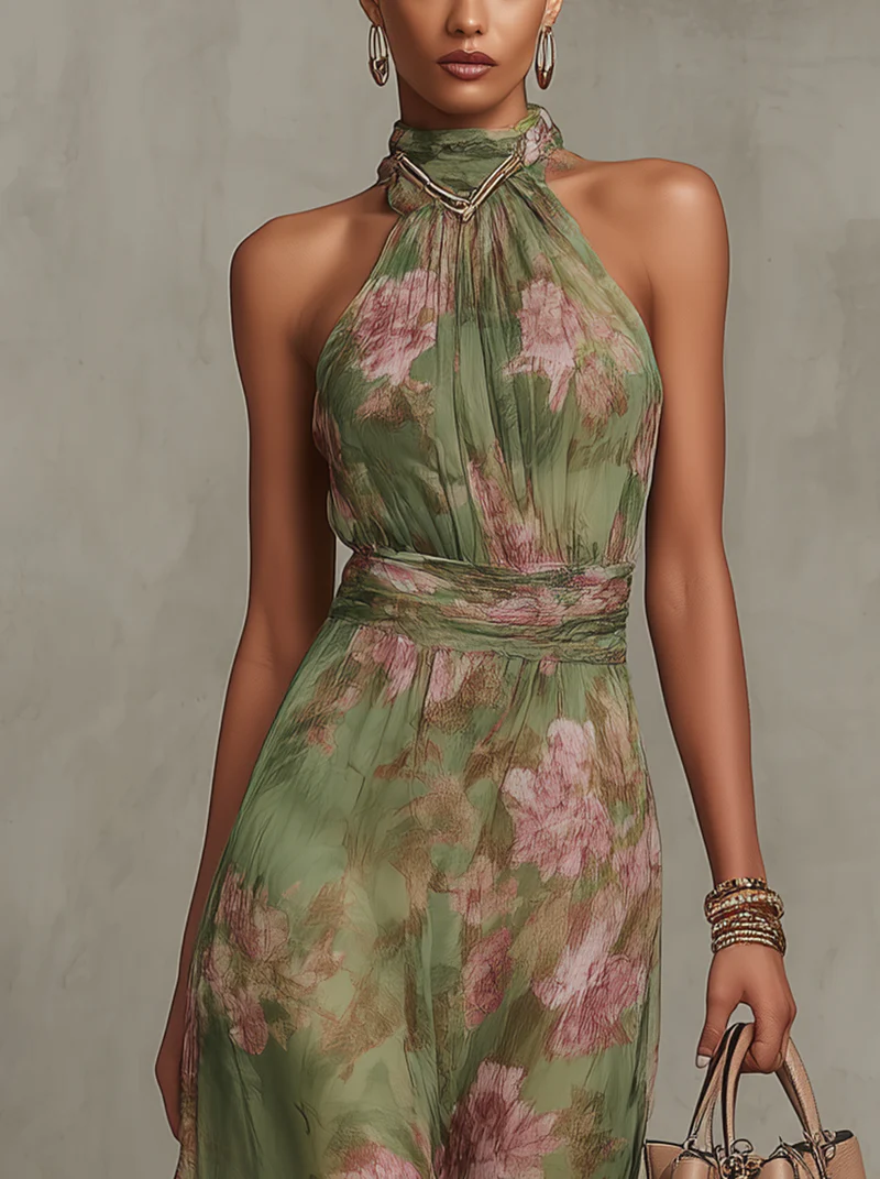 Serena | Robe longue verte à fleurs en chiffon avec décolleté halter