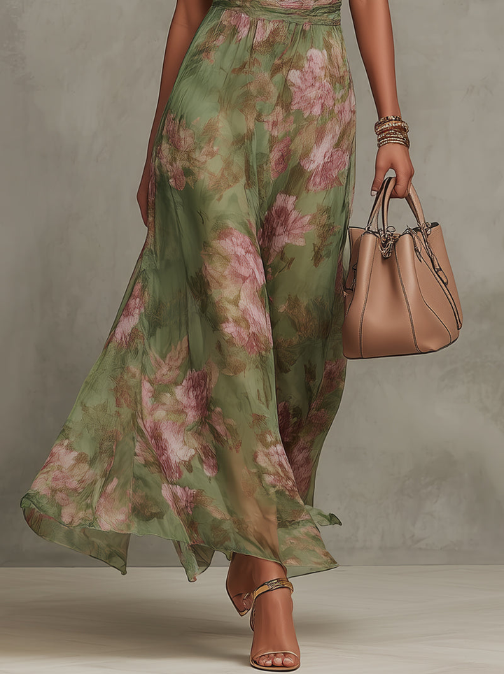 Serena ∙ Robe longue verte à fleurs en chiffon avec décolleté halter