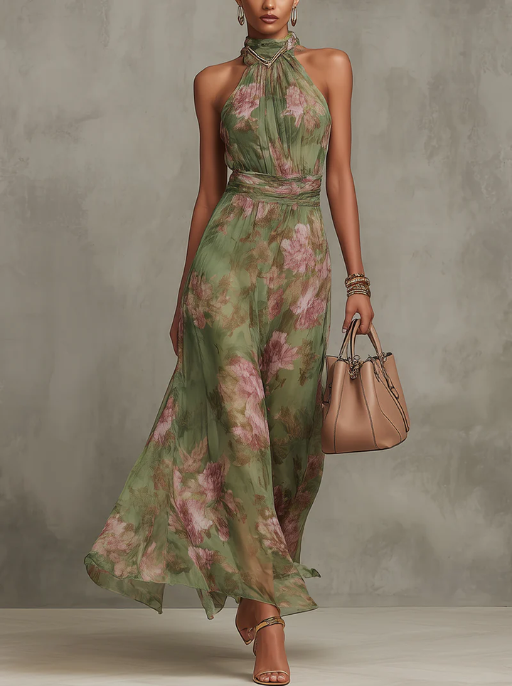 Serena | Robe longue verte à fleurs en chiffon avec décolleté halter