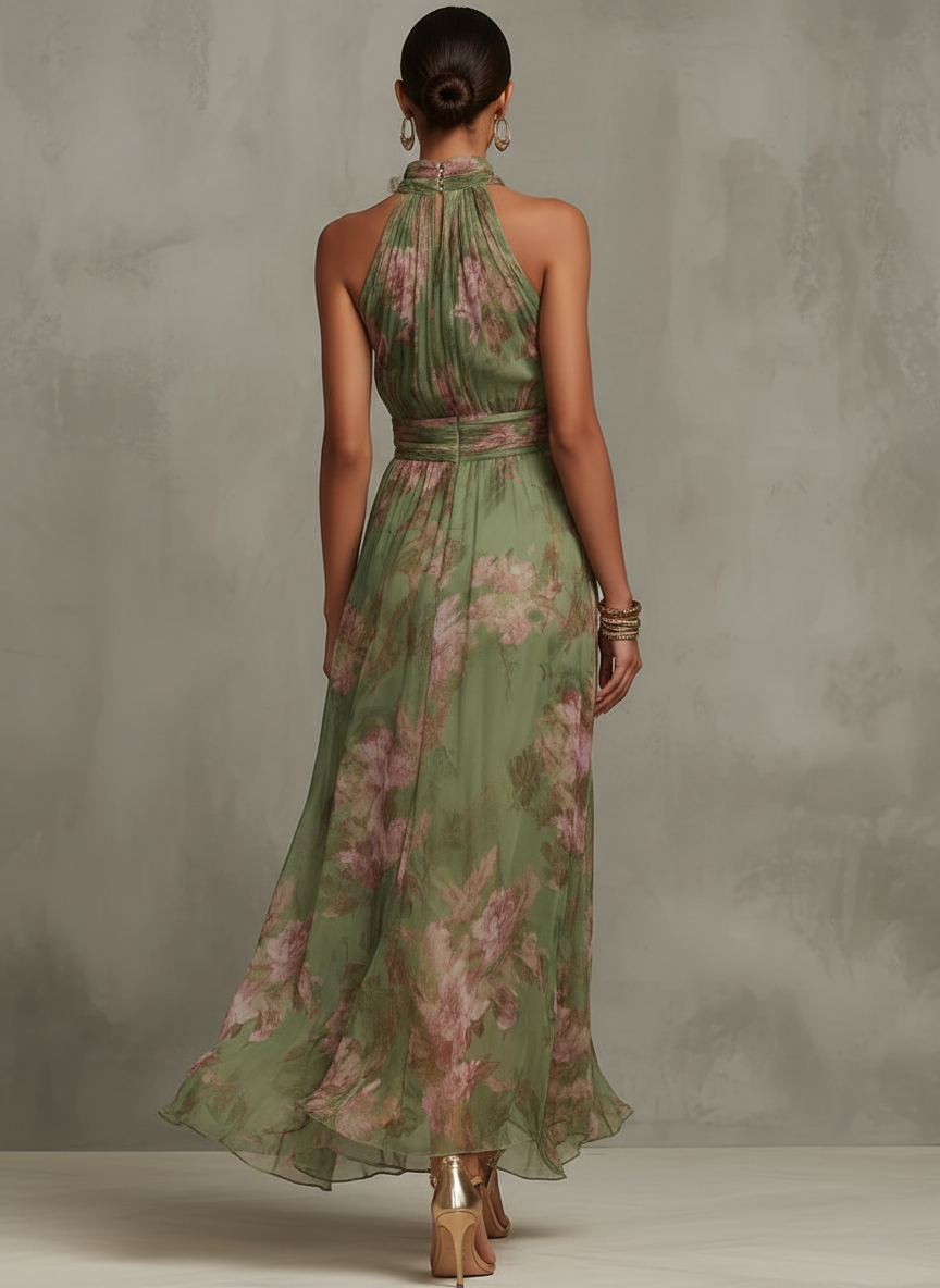 ESSENTIEL - Serena ∙ Robe Maxi en Chiffon Floral Vert avec Décolleté Halter