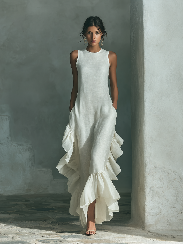 Robe Maxi Sans Manches en Lin Ivoire pour Femme avec Col Rond et Ourlet Volant