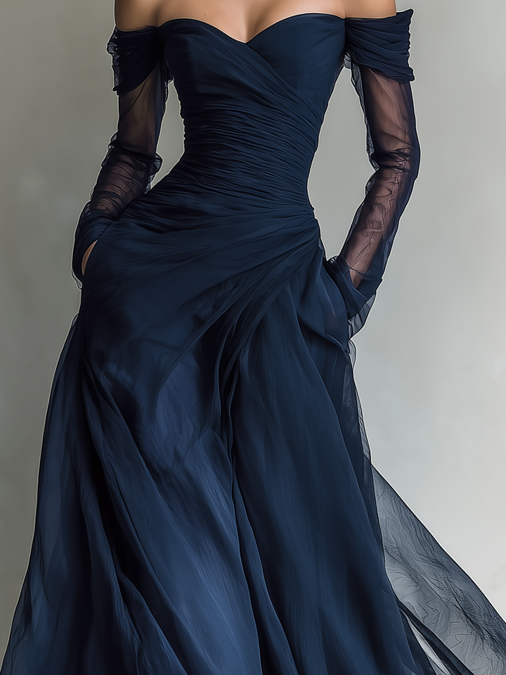 Robe Maxi Élégante en Chiffon Organza Bleu Foncé avec Manches Longues et Épaules Dégagées pour Femmes