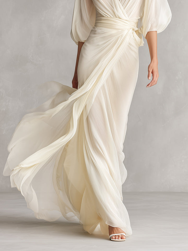 Robe en Chiffon Transparent Ivoire pour Femmes avec Manches Bouffantes et Détail Enveloppant, Robe de Style Romantique-Luxe Intemporelle