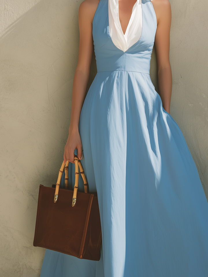Robe longue sans manches en bleu clair avec col élégant pour femmes